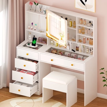 Ktaxon Grande Coiffeuse de 47,2 Pouces avec Lumières à 3 Couleurs, Coiffeuse avec Station de Recharge USB, Table de Maquillage avec Tiroirs Visibles, Étagères de Rangement Ouvertes et Dissimulées, Blanc