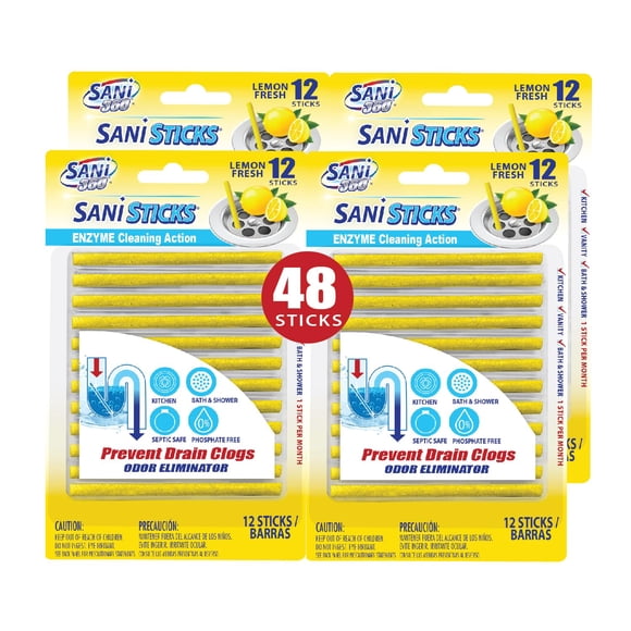 Sani 360 Sani Sticks Drain Cleaner And Deodorizer 48 Count Lemon Scent Enzyme Pipe Cleaners Eliminate Odors Prevent Clogged Drains Safe For Sinks Bathtub Drains Septic Tanks