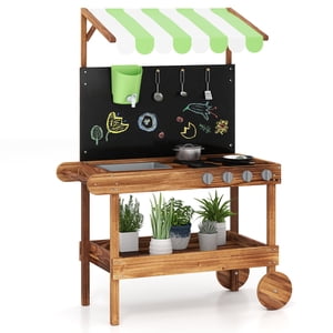 INFANS Mud Cuisine, Cuisine de jeux en plein air avec tableau de dessin, Flux d'eau réel, Évier amovible, Stockage, Accessoires de cuisine, Jeux de cuisine en bois pour enfants Cadeau pour les garçons 3+