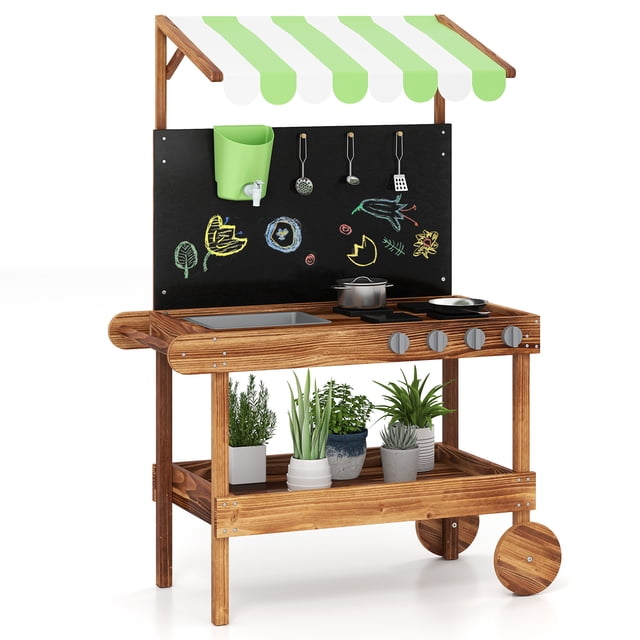 INFANS Mud Cuisine, Cuisine de jeux en plein air avec tableau de dessin, Flux d'eau réel, Évier amovible, Stockage, Accessoires de cuisine, Jeux de cuisine en bois pour enfants Cadeau pour les garçons 3+