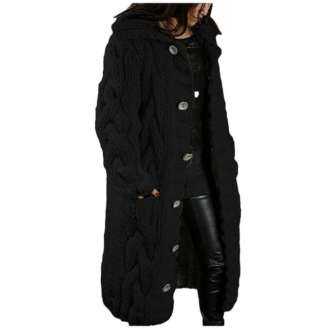 Women‘s Long Large Classic Cardigans Cable Knit Hood Sweater Oversized Button Duster Coat with Pocket 2024