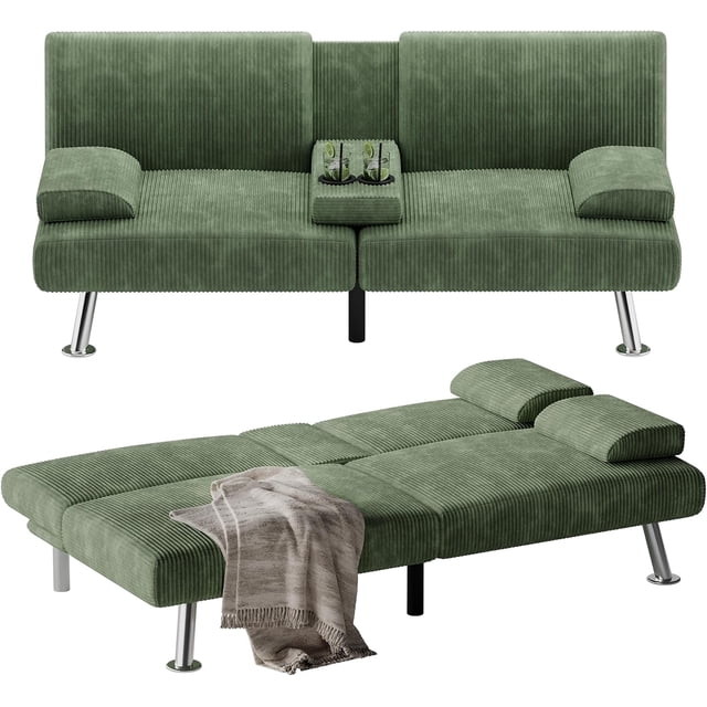 Homall Canapé-Lit Futon, Canapé Futon Ajustable au design Moderne avec Rembourrage en Velours Côtelé Vert. le Sofa Présente une Taille Compacte, des Accoudoirs Amovibles et un Dossier Pliable Réglable à 90, 120 et 180 Degrés. Comprend Deux Porte-Gobelets et des Coussins Décoratifs. Présenté en Deux configurations : comme un Sofa avec Porte-Gobelets Allongé et comme un Lit Plat avec une Couverture. Soutenu par des Pattes Métalliques Robustes, Il Convient aux Salons, Bureaux, Appartements et Dortoirs.