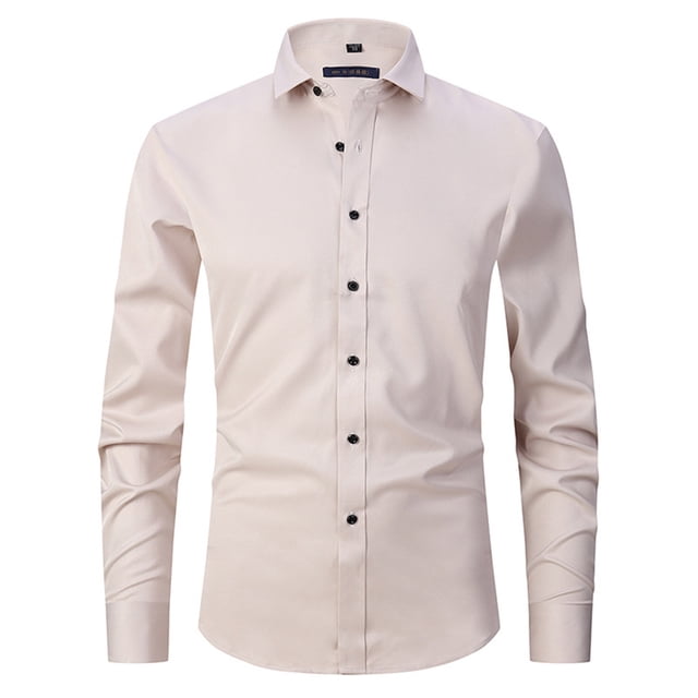 Chemise à Manches Longues Homme Chemise Habillée à Manches Longues pour Homme Coupe Régulière Décontractée Boutonnée Unie à Col Rabattu Blouse et Chemise. une Chemise Habillée à Manches Longues pour Homme de Couleur beige Pâle Unie avec Col Rabattu et Fermeture Noire à Boutons. Fabriquée en 95 % polyester et 5 % Élasthanne, Offrant une Coupe Confortable et Respirante avec une Légère Extensibilité. Convient aux occasions Formelles Ou Décontractées comme les Affaires, le Travail, le Quotidien Ou les Fêtes. Offerte en Plusieurs Tailles, Incluant S, m, L, TG, TTG et TTTG.