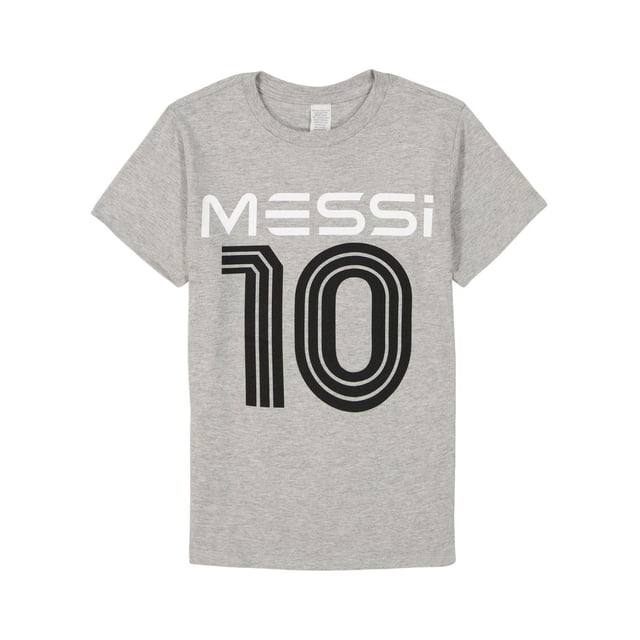 Messi t-shirt Logo pour Enfants en Gris, t-shirt à Manches Courtes pour Tout-Petit Garçon avec « Messi » Imprimé en Blanc au-Dessus d'Un Grand Numéro Noir 10 avec Détails à Triple Ligne, Fabriqué à Partir d'Un Doux Mélange Coton-Polyester Lavable à la machine et Adapté au Port Quotidien.
