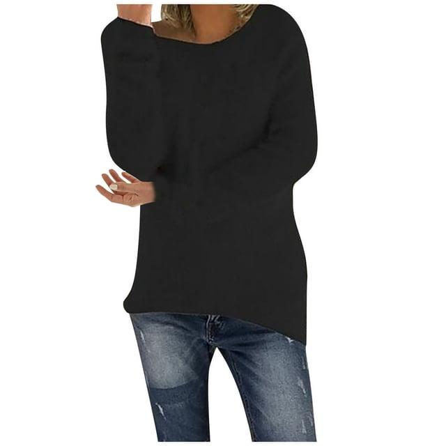 Chandails pour Femmes Unis Coupe Ample Blouse Légère Confortable Hauts Automne Hiver Manches Longues Hauts Décontractés Col Rond Chandail Hauts Noir P