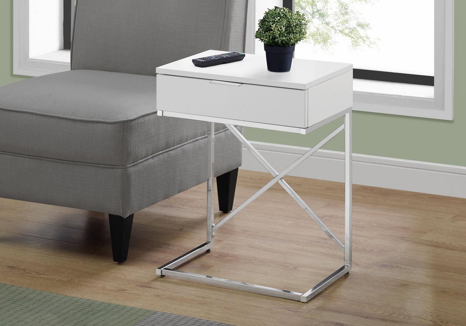 Monarch Specialties Table D'appoint, Coté, Bout, Table De Nuit, Lampe, Tiroir De Rangement, Salon, Chambre À Coucher, Stratifié Blanc Brillant, Métal Chromé, Contemporain, Moderne