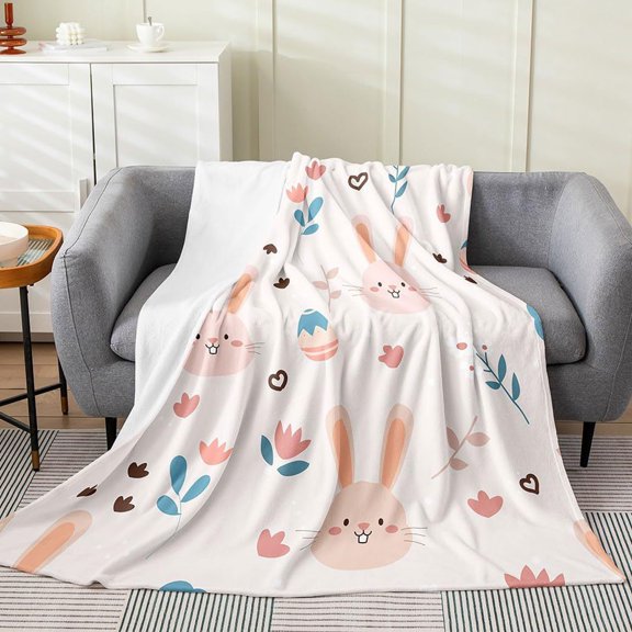 Easter Themed Flannel Sofa Blanket Cute Bunny And Colorful Eggs Pattern Soft And Comfortable Suitable For Home Decoration And Holiday Gifts