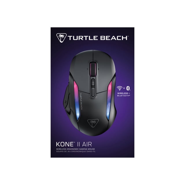 Turtle Beach® Kone™ II Air wireless ergonomic gaming mouse in black, shown from above with dual-zone RGB lighting, multi-button layout, and 4D scroll wheel, highlighting wireless and Bluetooth connectivity on a purple gradient background.