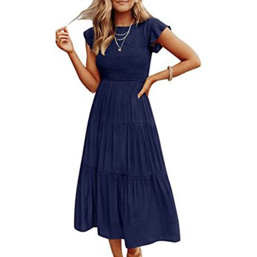 Robe Midi à Manches Courtes Volantées pour Femme, Smockée, d'Été, Décontractée, à Volants, Ligne A
