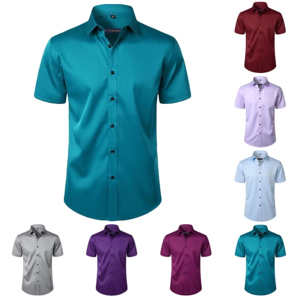 Pisexur Men's Dress Shirts Short Sleeve Mens Shirts Solid Formal Button Down Shirts for Men Classic Wrinkle Free Stretch Going Out Tops Soft Business Casual Mens T-Shirts S-4XL Purple