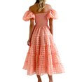 thumbnail image 3 of Faithtur Femmes Été Décontracté une Ligne Robe Courte Manches Bouffantes sur l'Épaule Midi Plaid Robe, 3 of 4