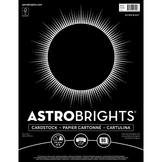 Astrobrights Emballage Eclipse Black Cardstock Présente un Fond Noir avec un Motif d'Éclipse Blanc à Pois Entourant un Cercle Noir central. l'Avant Montre le logo Astrobrights, 80 Feuilles de 8,5 x 11 Pouces Cardstock Pesant 65 lb (176 G/m2), Sans Acide Ni Lignine. Il Convient aux Fournitures d'Art, au Bricolage sur Papier et compatible avec les Imprimantes à Jet d'Encre, laser et Copieurs.