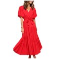 thumbnail image 1 of Birdeem Robe Décontractée Mode Femme Couleur Unie Col en V à Lacets Manches Évasées, 1 of 6