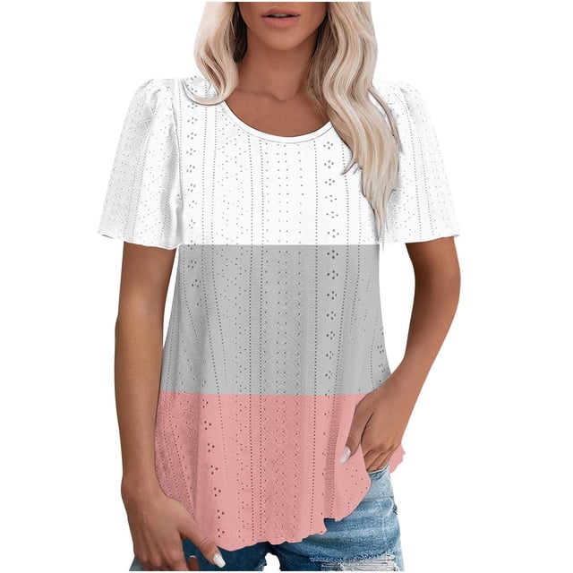 Plebaso Hauts pour Femmes Chemises à Œillets Manches Courtes T-Shirts Amples Col Rond Décontracté Blouses Tendance