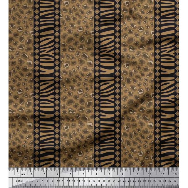 Soimoi Brown Poly Georgette Fabric Stripe,Leopard & Wild Animal Skin Decor Fabric Printed BTY 52 Inch Wide