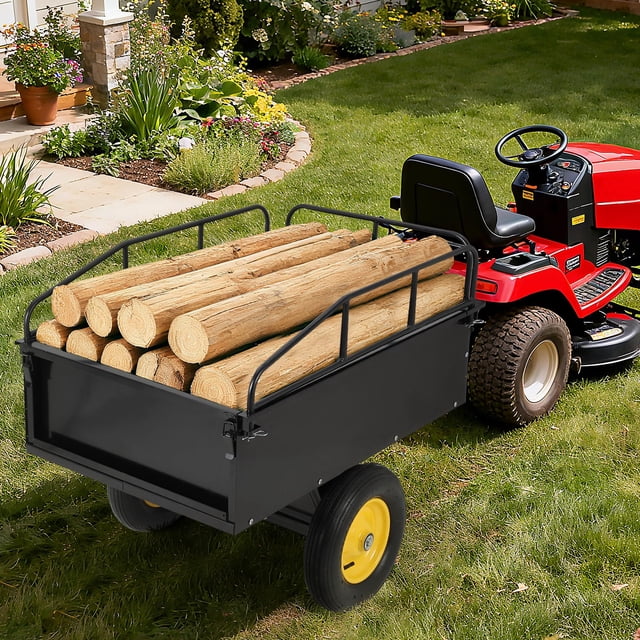 Heavy Duty Tow Behind ATV Trailer Steel Dump Cart 500 LB, 10-Cubic Feet Capacity Garden Utility Trailer with Removable Tailgate for Riding Lawn Mower Tractor
