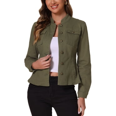INSPIRE CHIC Women's Denim Jackets Stand Collar Long Sleeves Short Jean Jackets Green L