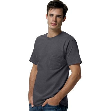 Hanes TAGLESS Men`s Pocket T-Shirt, XL, Charcoal Heather