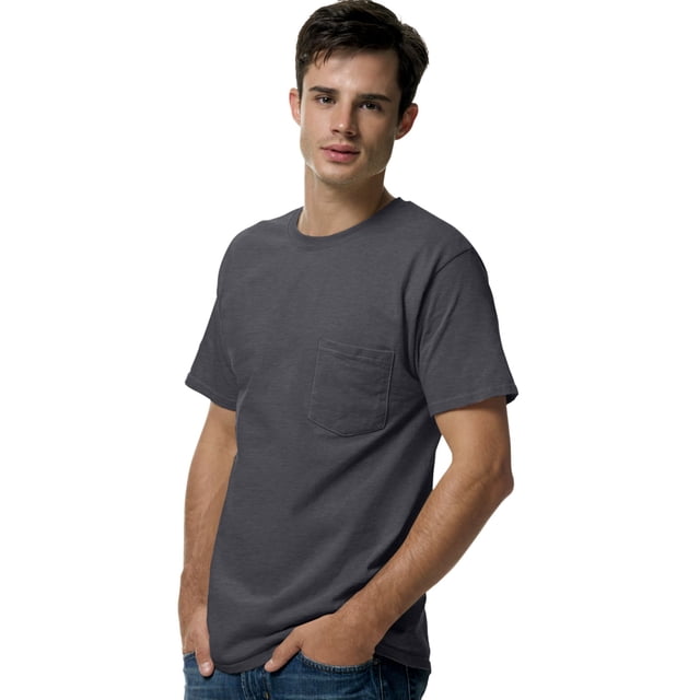 Hanes TAGLESS Men`s Pocket T-Shirt, S, Charcoal Heather