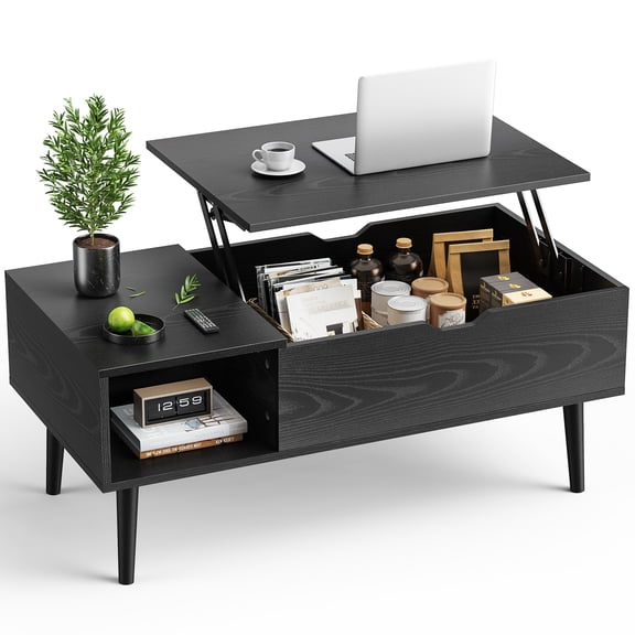 EDX Modern Lift Top Coffee Table with Hidden Storage Compartments, Adjustable Shelves for Living Room, Small Spaces, Black Grain