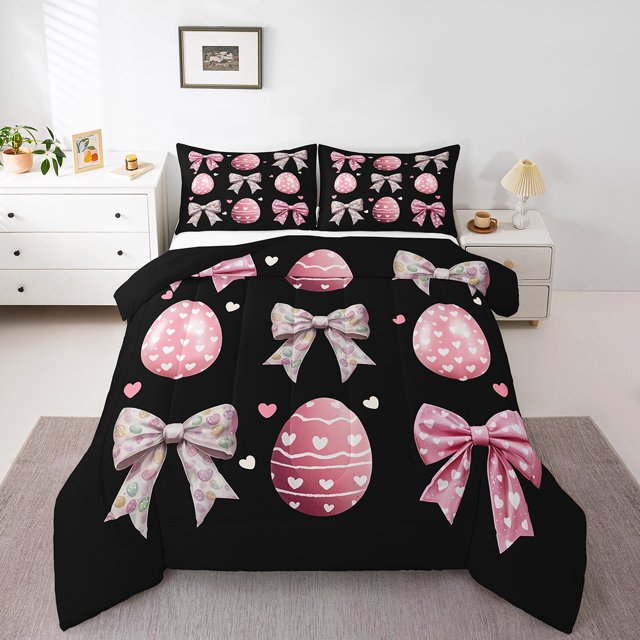 Erosebridal Ensembles de Couette Œufs de Pâques Roses Taille Simple pour Filles, Couettes et Duvets Nœud de Princesse, Noir, Réversible 2 Pcs