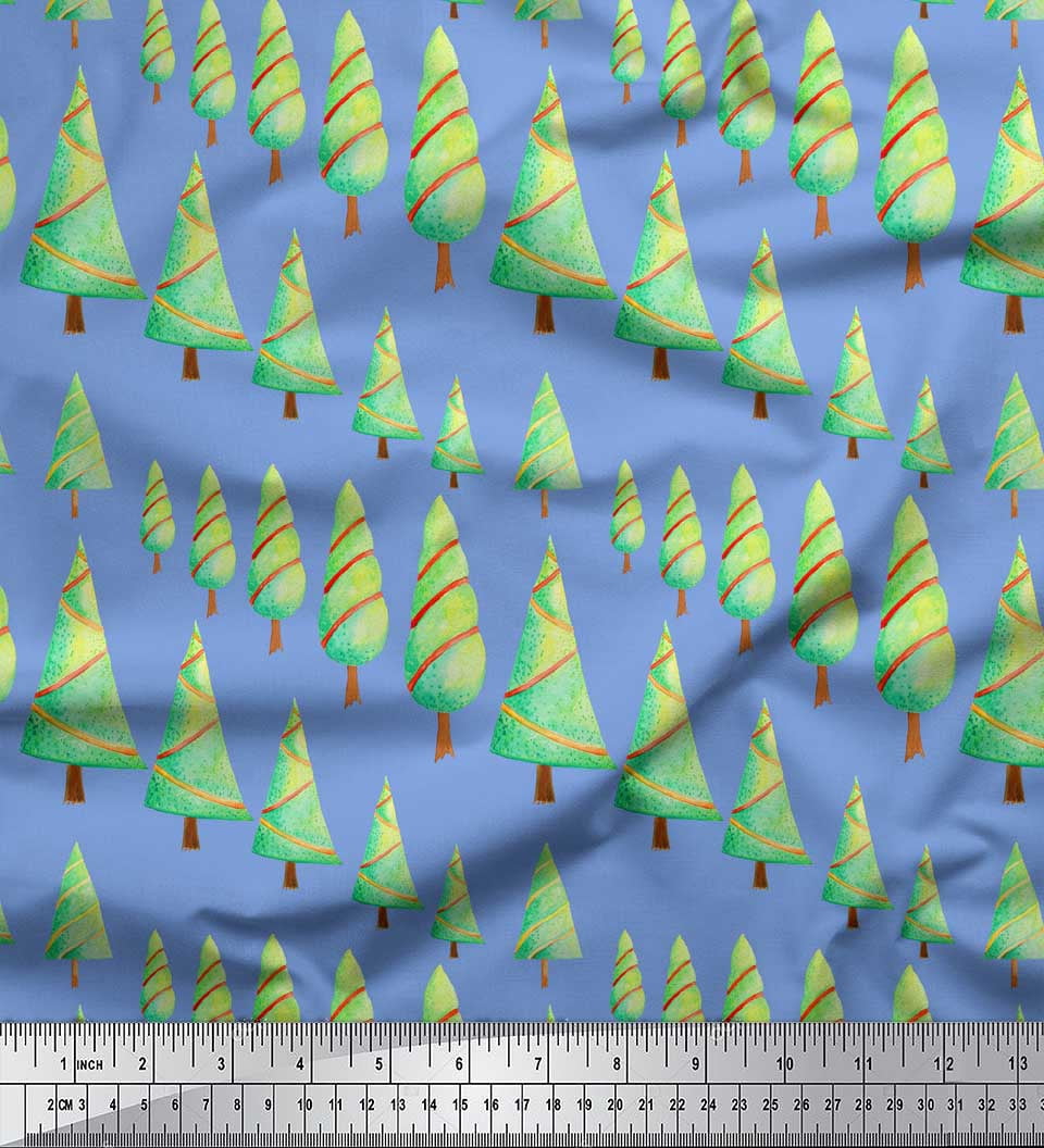 Soimoi Blue Moss Georgette Fabric Christmas Tree Printed Craft Fabric by the Yard 42 Inch Wide