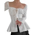 thumbnail image 3 of Faithtur Hauts Plissés pour Femmes, Manches Longues Col Carré Bandage Couleur Unie Chemise de Rue Décontractée, 3 of 9