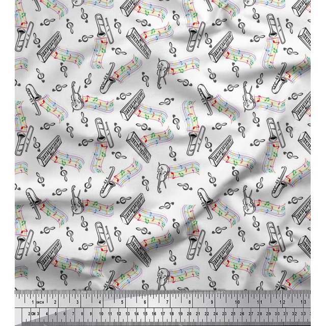 Soimoi Cotton Cambric Fabric Notes,Piano & Guitar Musical Instrument Print Sewing Fabric Yard 56 Inch Wide