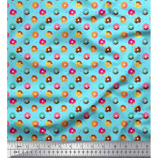 Soimoi Blue Moss Georgette Fabric Donuts Food Print Sewing Fabric Yard 42 Inch Wide