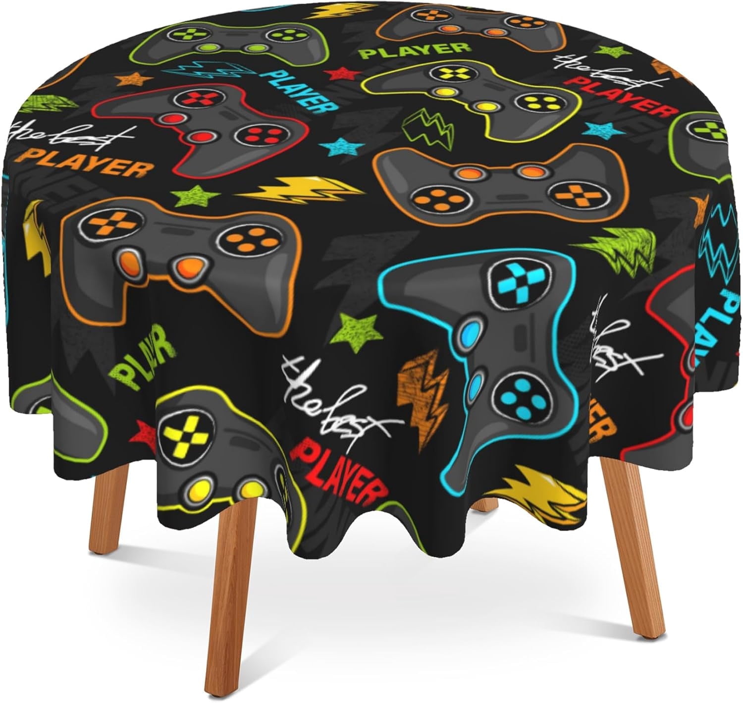 Nappe Ronde de 60 Pouces Gamer Player, Housse de Table Circulaire pour Manette Résistante aux Taches, Hydrofuge et Infroissable pour Maison, Cuisine, Salle à Manger, Fête, Patio, Intérieur Extérieur