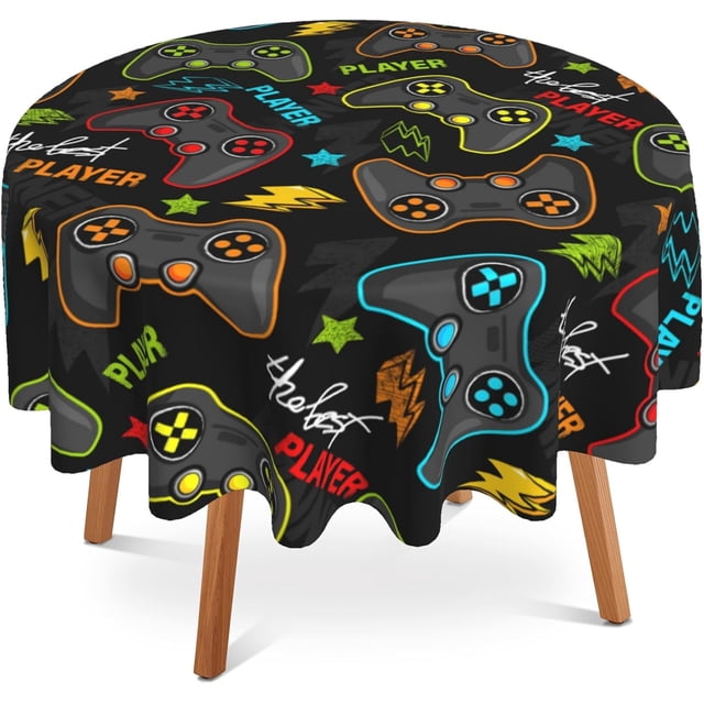 Nappe Ronde de 60 Pouces Gamer Player, Housse de Table Circulaire pour Manette Résistante aux Taches, Hydrofuge et Infroissable pour Maison, Cuisine, Salle à Manger, Fête, Patio, Intérieur Extérieur