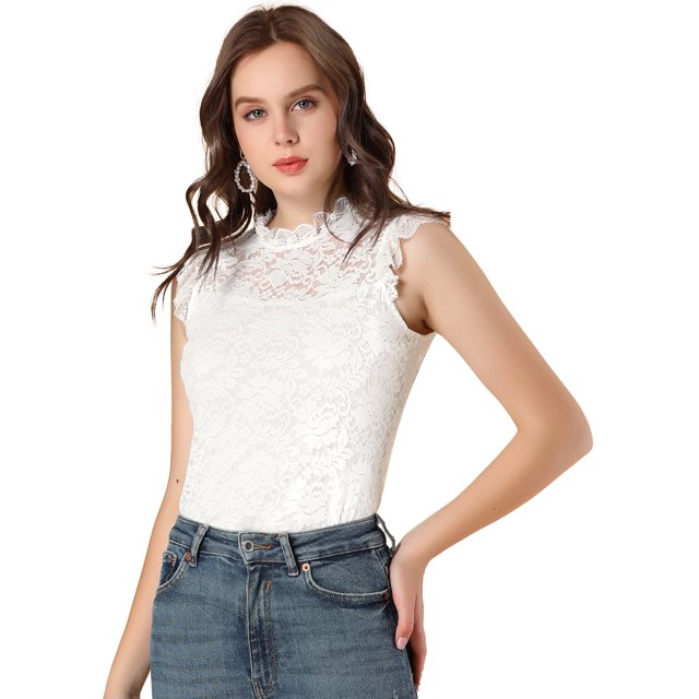 INSPIRE CHIC Blouse Sans Manches en Dentelle à Volants Semi-Transparente pour Femme
