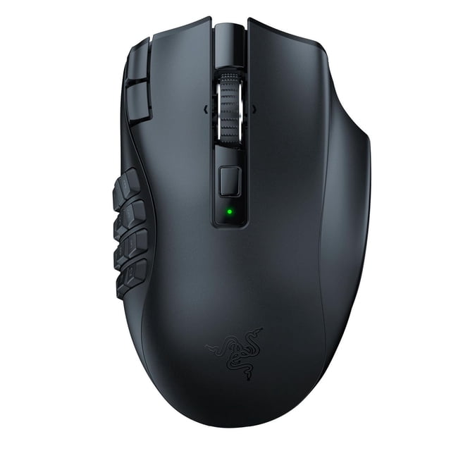 Razer Naga V2 HyperSpeed Gaming Mouse (PC) top-down view of a matte black ergonomic right-handed wireless MMO mouse with 19 programmable side buttons, textured 4-way tilt scroll wheel, DPI button with green LED, and subtle Razer logo, designed for precise gaming control and extended battery life.