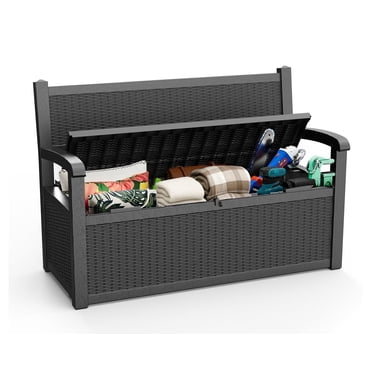 FICARTS 80 Gallon Resin Outdoor Storage Bench - Waterproof, 550 lbs Capacity, Yard & Pool Use, Black