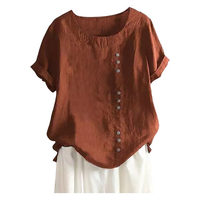 WEIYLL Womens T Shirts Plus Size Linen Loose Tunic Breathable Boho Solid Brown Blouse Sizes S