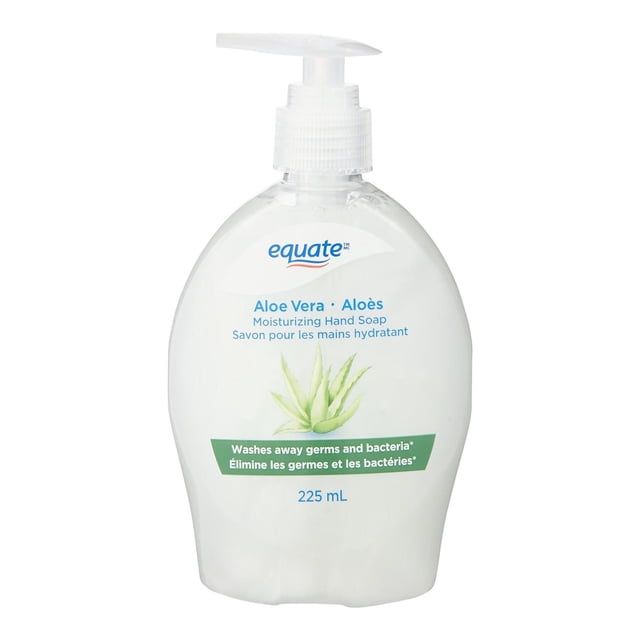 Equate Moisturizing Hand Soap - Aloe - 225mL in a clear pump bottle with white soap, featuring a green aloe vera graphic and bilingual text emphasizing moisturizing hand care and germ protection, ideal for daily use to keep hands clean and soft.