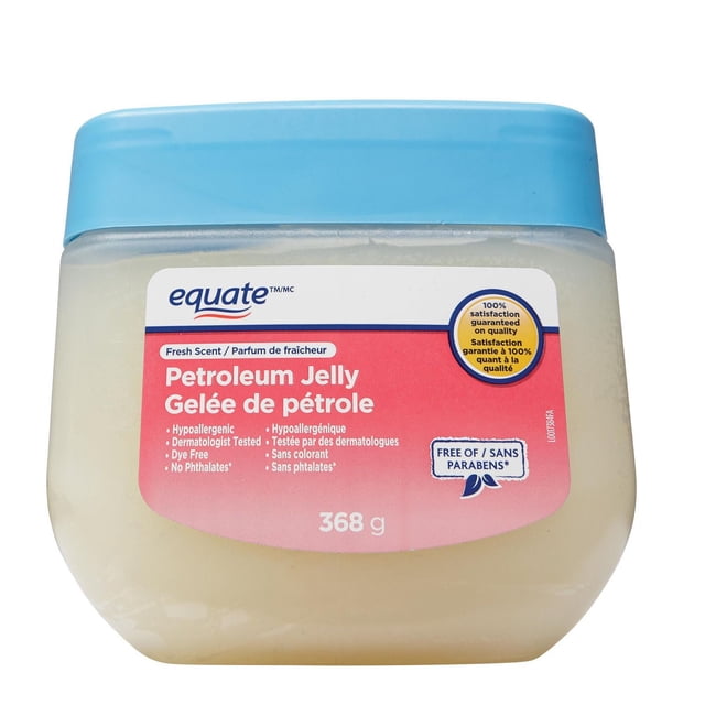 Equate Gelée de Pétrole Parfum Frais 368 g dans un Pot en Plastique Translucide avec Couvercle Bleu Pâle, avec une Étiquette Indiquant Qu'elle Est Hypoallergénique, Testée par des Dermatologues, Sans Colorant et Sans Parabènes Ni Phtalates, Convient aux Soins du Corps et Protège la Peau Sensible contre la Sécheresse et les Irritations.