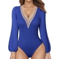 thumbnail image 2 of FAIWAD Women's Puffy Long Sleeve Short Jumpsuit Deep V Neck Lace Splicing Slim Stretch Rompers, 2 of 4