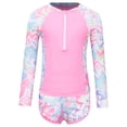 thumbnail image 1 of Ocealan Kids Girls 2-Piece Rash Guard Long Sleeve Zipper Swim Tops with Shorts Wave Striped Printed Swimsuit Pink 9Y, 1 of 7