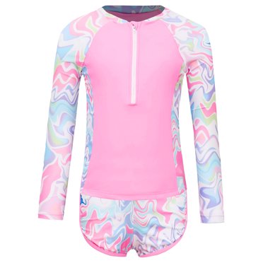 Jizyo Kids Girls 2Pcs Rash Guard Long Sleeve Zipper Wave Striped Printed Swim Top with Shorts Bathing Suit Pink 8Y
