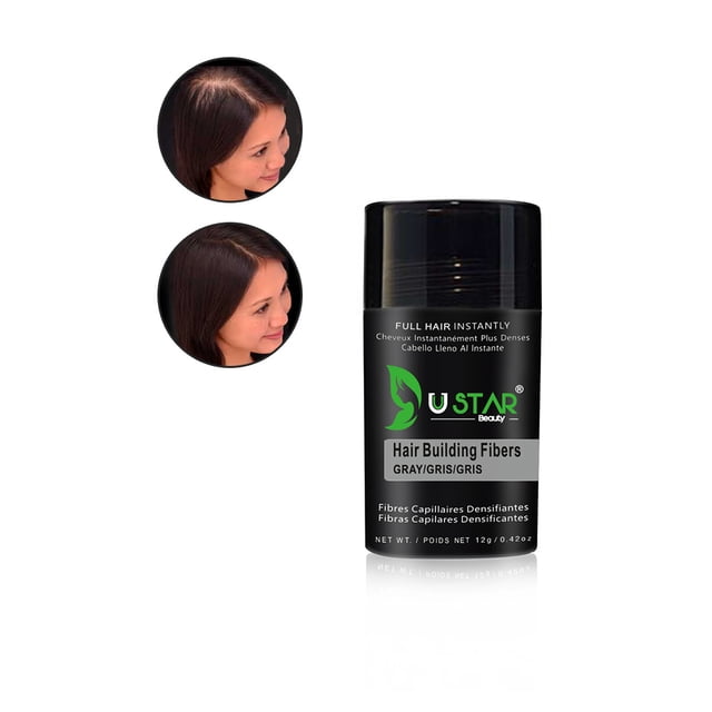 USTAR Fibres de Développement Capillaire Gris Contenant de 0,42 Oz avec Image de Marque et Texte Favorisant des Cheveux Fournis Instantanément. Fabriqué à Partir de Fibres de Kératine Naturelles, Il Offre une solution pour Cheveux Clairsemés et Couverture des Racines Grises. Idéal pour Contrôler la Perte de Cheveux et Améliorer la Densité des Cheveux.
