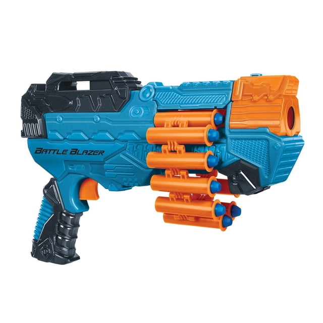 Adventure Force Battle Blazer Belt-Fed Dart Blaster in blue and orange with black accents, featuring an adjustable 12-dart belt loaded with foam Accu-Blast darts, a top handle for priming, and a trigger grip, designed for continuous rapid-fire shooting up to 80 feet, ideal for active indoor and outdoor play.