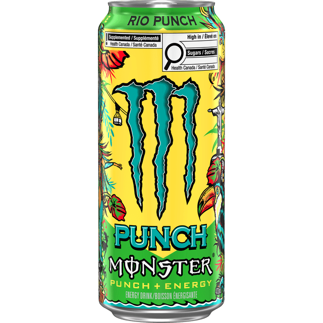 Monster Rio Punch energy drink can with a yellow and green tropical design featuring the large teal Monster claw logo. The can highlights flavor notes inspired by Rio de Janeiro with illustrations of a toucan, hibiscus flowers, and the Christ the Redeemer statue. It contains 175 mg caffeine and is labeled in English and French. The 473 ml can also displays Health Canada sugar content warnings.