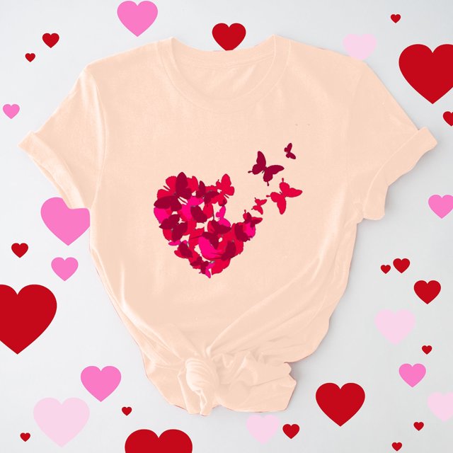 Meichang T-Shirts de la Saint-Valentin pour Femmes Imprimé Cœur Manches Courtes Col Rond Pull Ample Décontracté Tops de Vacances