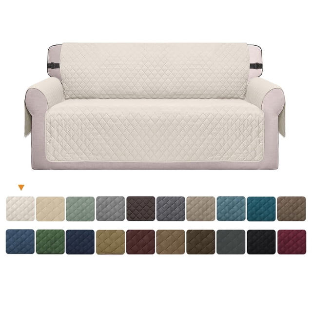 Housse de sofa Réversible par Visaccy, Montrée dans un design Matelassé beige, Drapée sur un sofa. la Housse Présente des Sangles Élastiques pour un Ajustement Sécuritaire et Est Résistante à l'Eau, la Rendant Idéale pour Protéger les Meubles contre les Déversements, la Fourrure d'Animal et les Égratignures. Elle Est Lavable à la machine et Offerte en 14 Couleurs et Plusieurs Tailles, Y Compris des options pour des sofas Surdimensionnés. l'Image Affiche Aussi une palette de Couleurs avec Diverses Nuances pour Personnalisation.