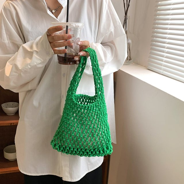 Cotton Thread Handbags Straw Woven Hollow Net Shopping Beach Vacation Purses