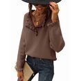 thumbnail image 3 of Women Sweaters Fall Winter Clothes Long Sleeve Button Up Ruffle Crew Neck Casual Knitted Pullover Tops Brown M, 3 of 8
