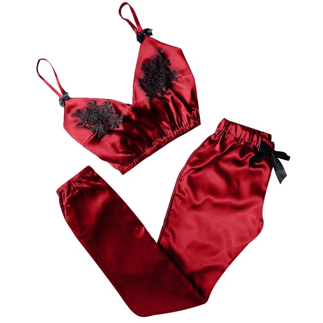 Birdeem Pyjama pour Femmes à Col en V en Dentelle « Eyelash » en Satin, Camisole avec Nœud, Ensemble Pantalon
