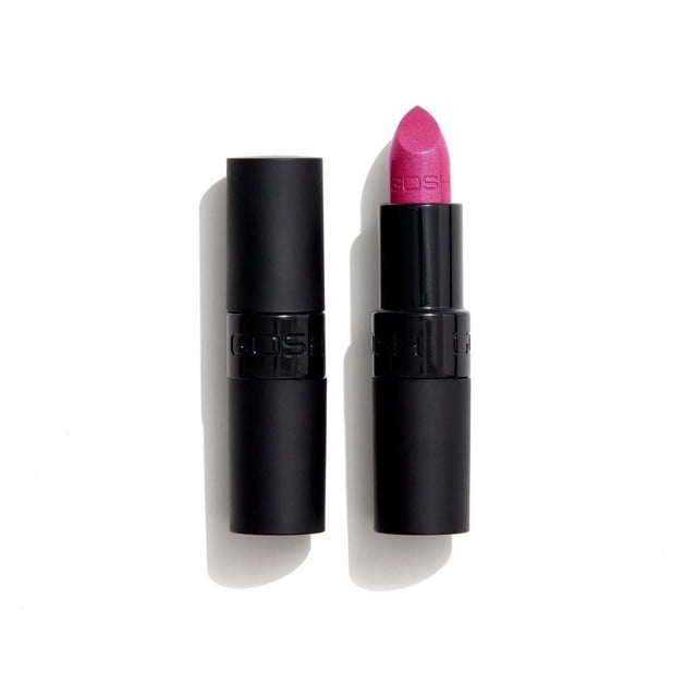 GOSH-Velvet Touch Lipstick - Tropical Pink in a matte black tube with the cap removed, showing the bright tropical pink lipstick bullet embossed with GOSH, featuring a creamy texture with light-reflecting pigments for intense, long-lasting colour and a glossy finish.