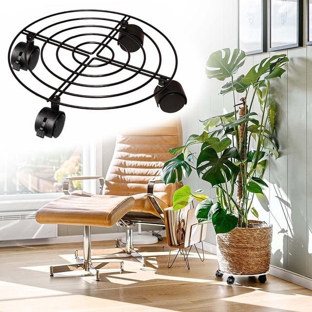 Plateau Roulant à Roulettes Verrouillables - Soucoupe Métallique Robuste pour Plantes, Base à 4 Roulettes pour Meubles et Appareils, Noir, JKODE